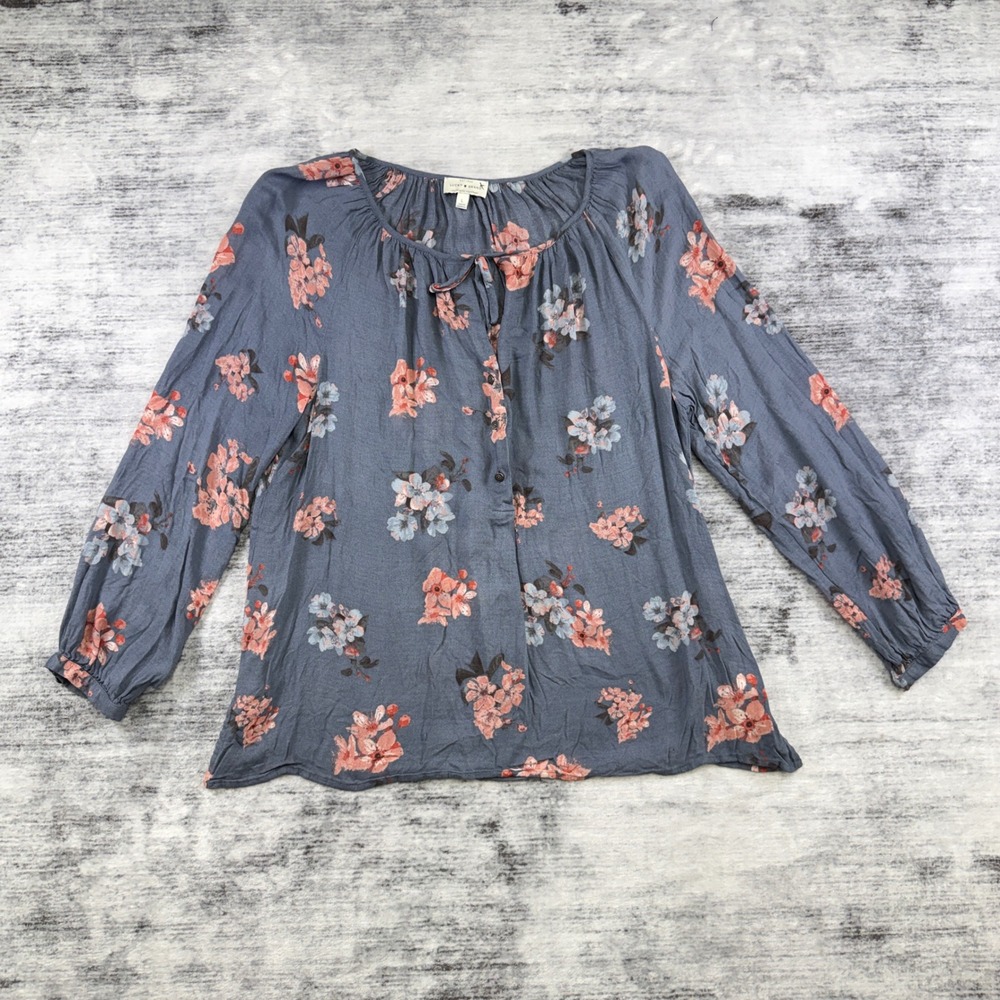 Lucky Brand Womens Floral Peasant Blouse Blue Coral Long Sleeve Size Large